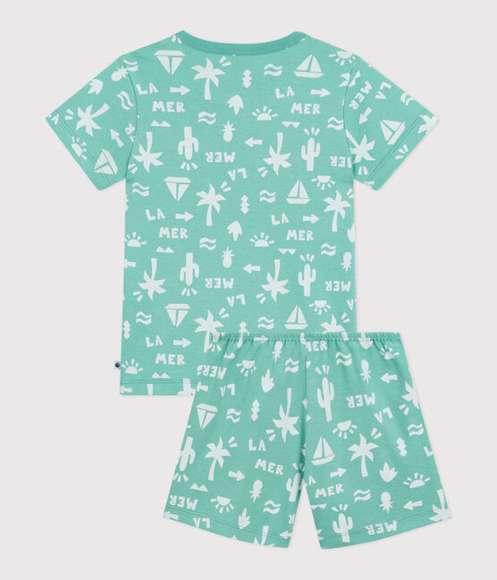 Children's short printed cotton pyjamas ALOEVERA green/MARSHMALLOW white