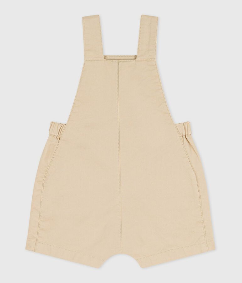 Babies' short-legged plain cotton twill dungarees beige