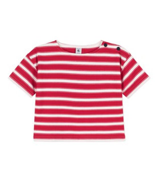 Girls' Thick Stripy Cotton T-Shirt PEPS red/MARSHMALLOW white