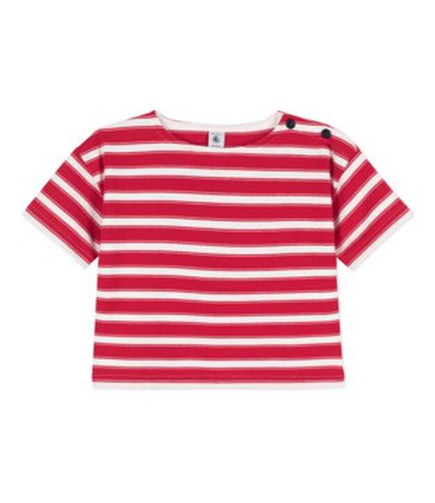 Girls' Thick Stripy Cotton T-Shirt red/white