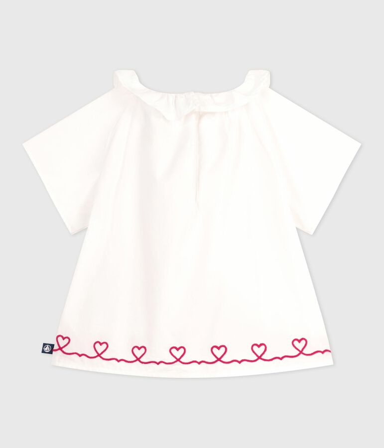 Babies' short-sleeved cotton poplin blouse with embroidered hearts white