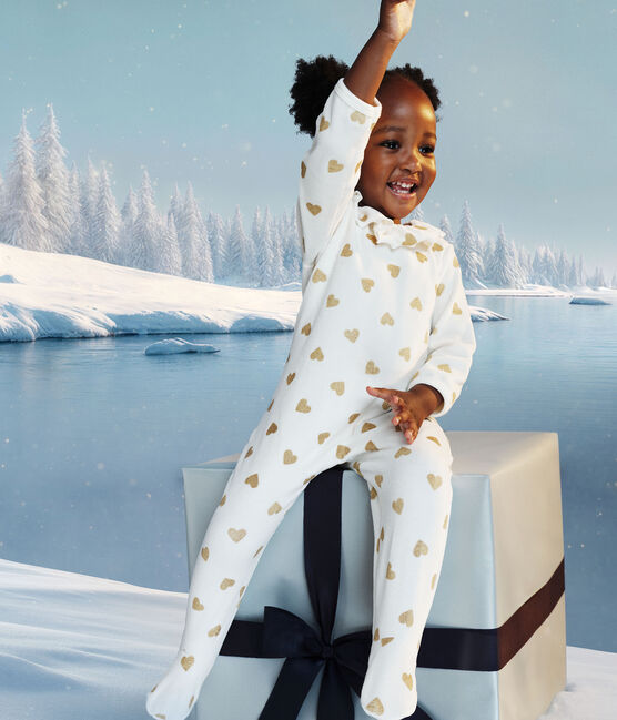 Baby pajamas in velvet with opening at the back and printed with sequined hearts MILK /DORE