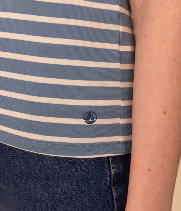 Women's Straight Round-Neck Cotton T-Shirt blue/ecru