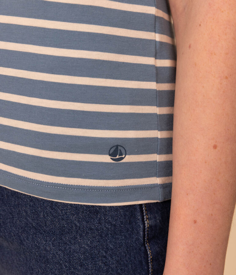 Women's Straight Round-Neck Cotton T-Shirt blue/ecru