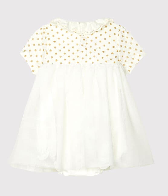 Baby Girls' Cotton and Linen Bodysuit/Dress MARSHMALLOW white/OR yellow