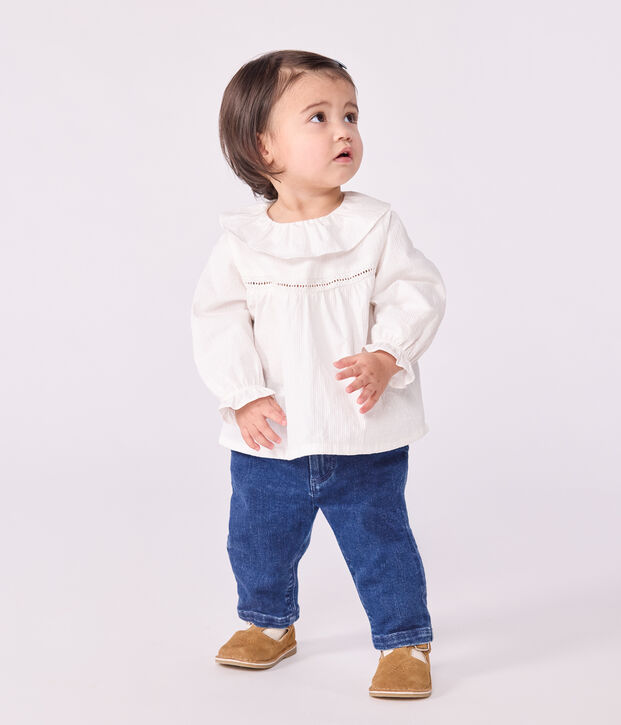 Babies' long-sleeved cotton poplin blouse with a collar and embroidery white