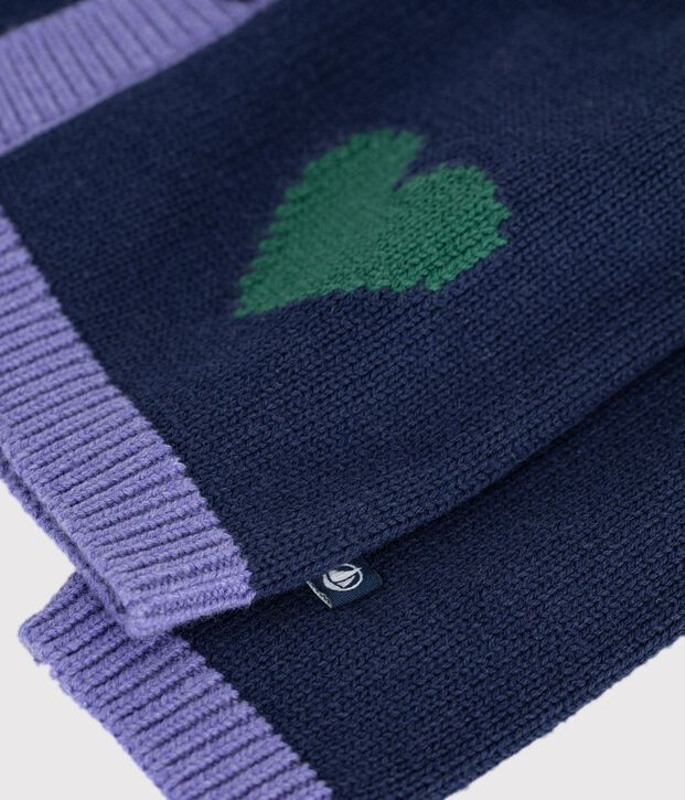 Babies' jaquard heart pattern cardigan knitted in wool and cotton blue/multicolor