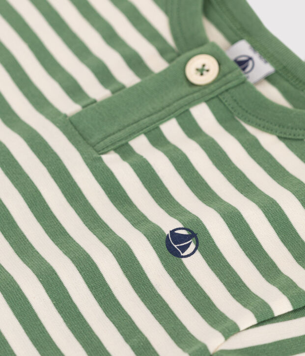 Babies' short-sleeved stripy cotton T-shirt green/ecru