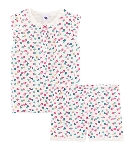 Girls' cropped ribbed pyjamas MARSHMALLOW white/MULTICO white