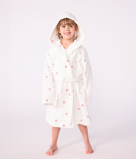 Children's cotton terry bathrobe with embroidered hearts MARSHMALLOW white/TERKUIT red