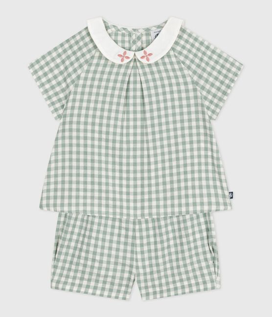 Babies' two-piece cotton gingham blouse and shorts set PAUL blue/MARSHMALLOW white