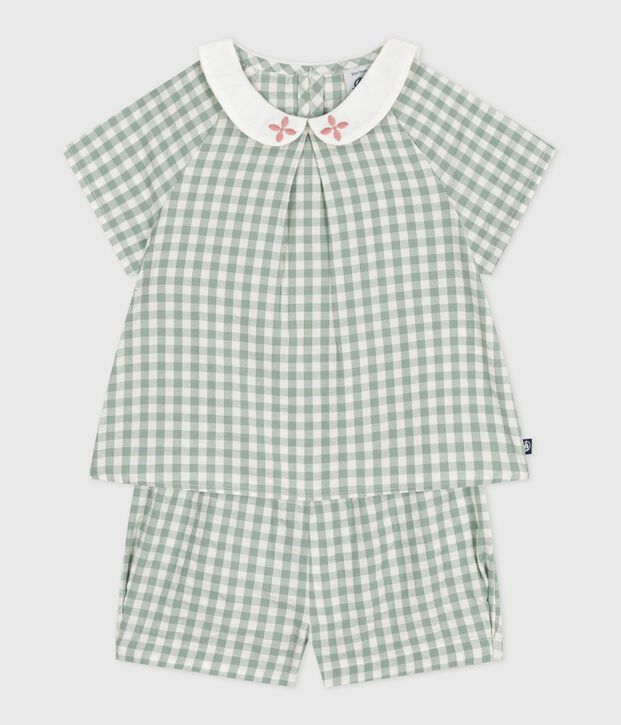 Babies' two-piece cotton gingham blouse and shorts set green/white
