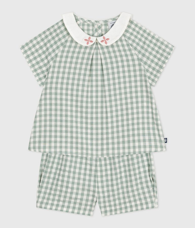 Babies' two-piece cotton gingham blouse and shorts set green/white