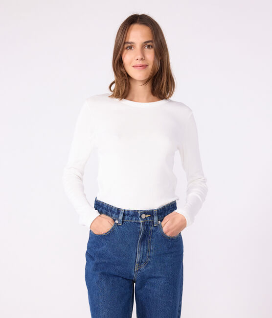 Women's iconic long-sleeved plain rib knit T-shirt ECUME white