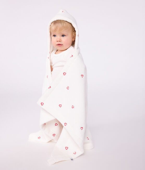 Babies' terry bath cape with embroidered hearts MARSHMALLOW white/CHARME pink