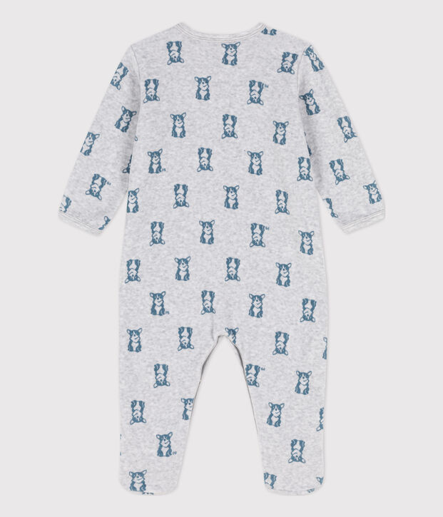 Babies' Dog Patterned Velour Sleepsuit grey/blue