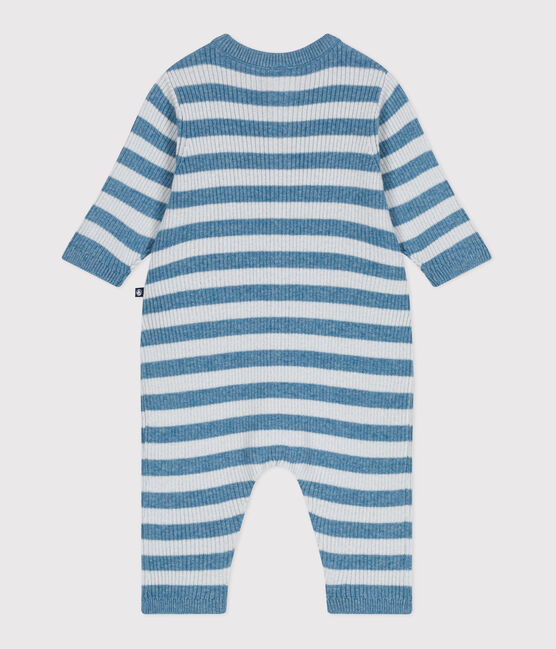 Babies' stripy wool and cotton knit playsuit ADRIATIC blue/CO2