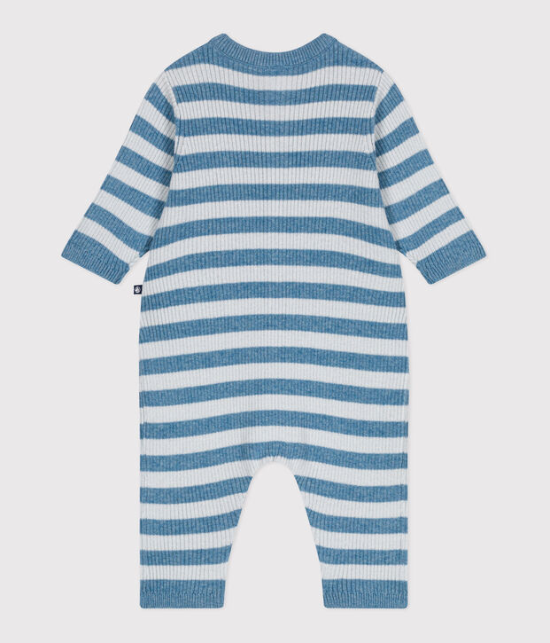 Babies' stripy wool and cotton knit playsuit blue/blue