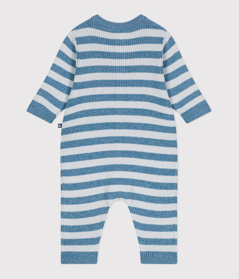 Babies' stripy wool and cotton knit playsuit blue/blue