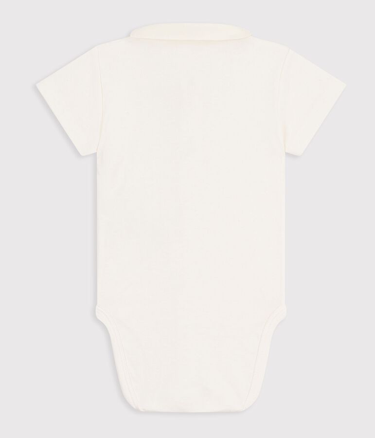 Babies' short-sleeved cotton body with embroidered details Ecru/blue