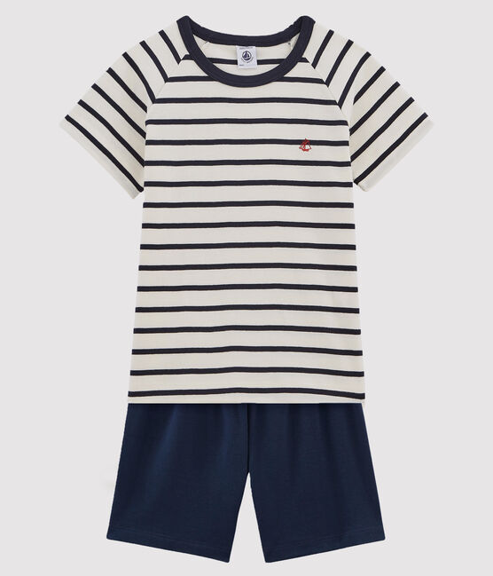Boys' Short Cotton Pyjamas with Sailor Stripes MARSHMALLOW white/SMOKING blue