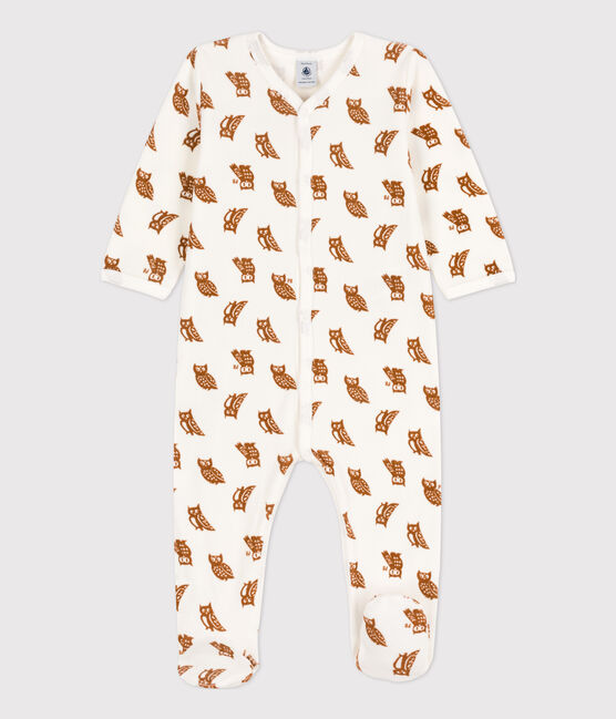 Babies' Owl Patterned Velour Sleepsuit MARSHMALLOW white/ECUREUIL