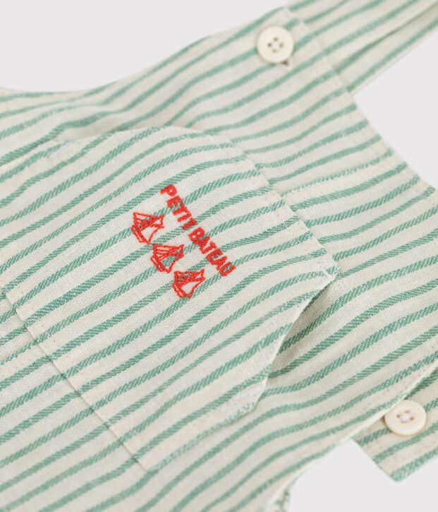 Babies' short-legged stripy cotton/linen dungarees green/green