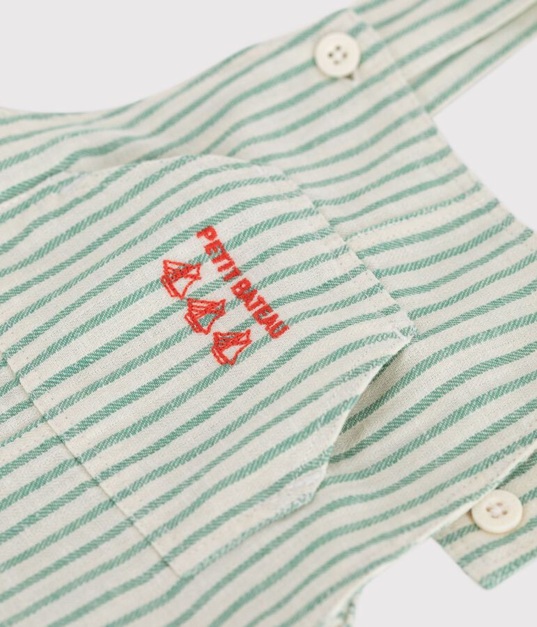 Babies' short-legged stripy cotton/linen dungarees green/green