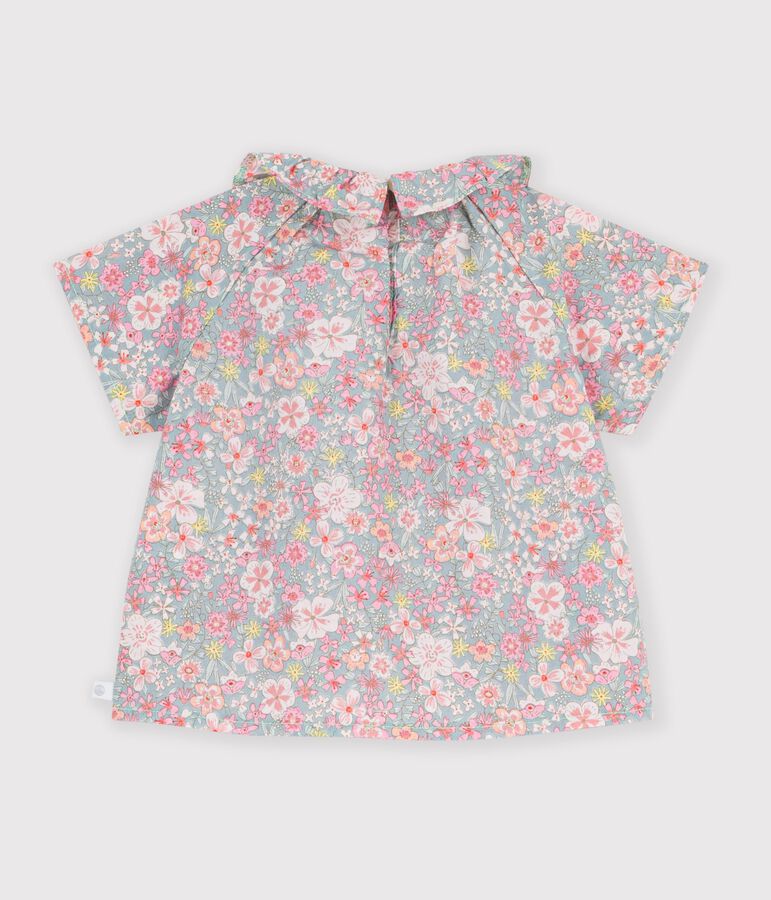 Babies' short-sleeved cotton blouse with a flower print blue/multicolor