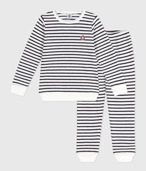 Children's stripy cotton terry pyjamas MILK blue/SOIR