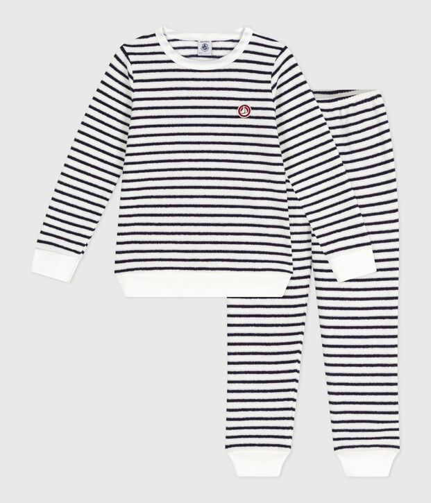 Children's stripy cotton terry pyjamas blue/blue