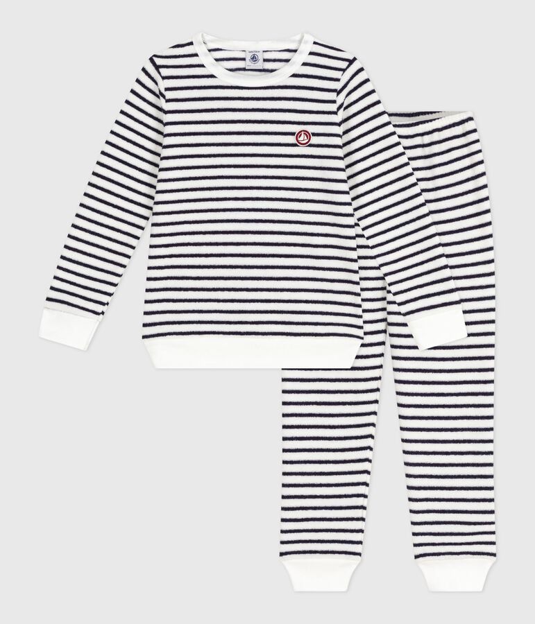 Children's stripy cotton terry pyjamas Ecru/blue