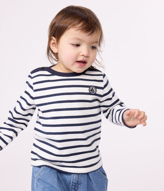 Babies' Thick Jersey Breton Top MARSHMALLOW white/SMOKING blue
