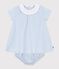 Babies' short cotton dress with its own stripy bloomers MARSHMALLOW blue/FLO