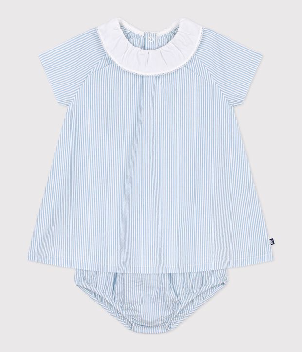 Babies' short cotton dress with its own stripy bloomers blue/blue