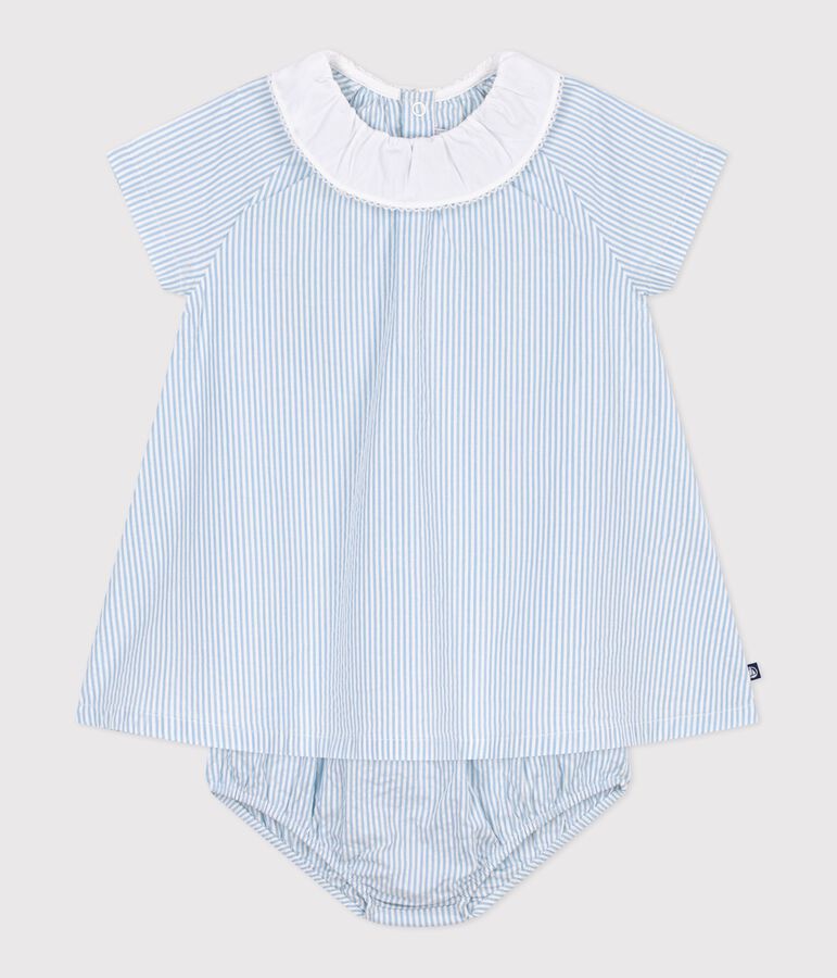 Babies' short cotton dress with its own stripy bloomers MARSHMALLOW blue/FLO