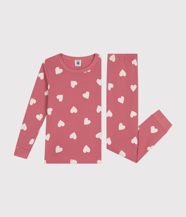 Children's fitted cotton heart print pyjamas pink/ecru