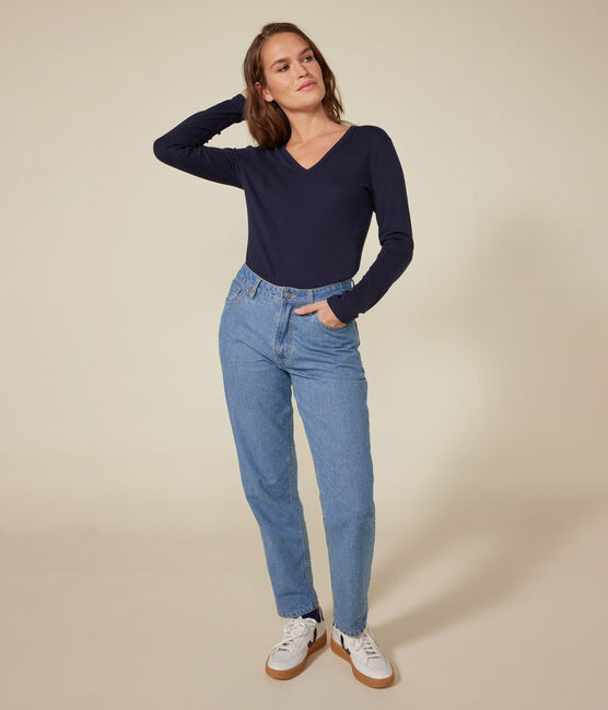 Women's plain long-sleeved iconic rib knit T-shirt SMOKING blue