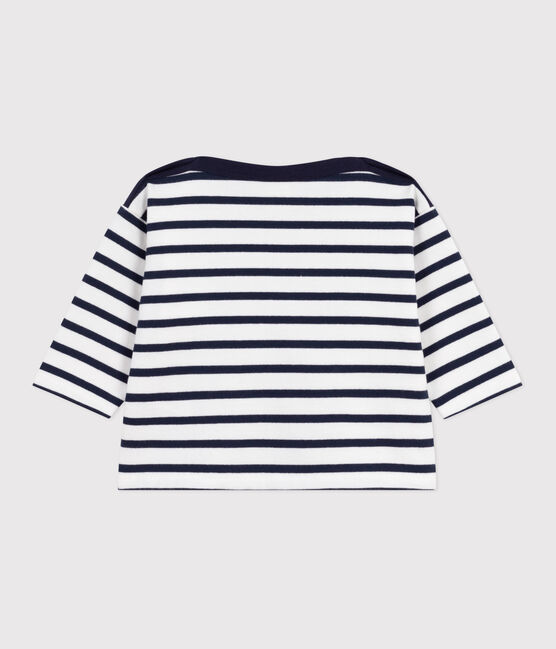 Babies' cotton Breton top MARSHMALLOW white/SMOKING blue