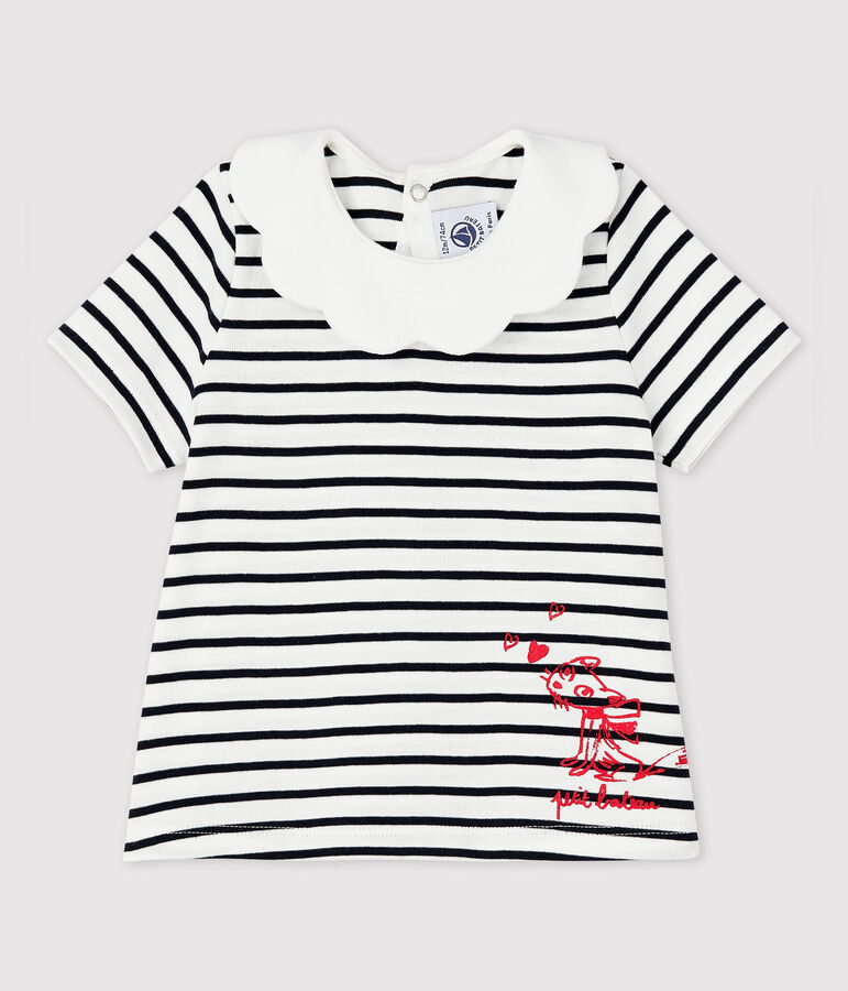 Baby Girls' Short-Sleeved Cotton Blouse MARSHMALLOW white/SMOKING blue