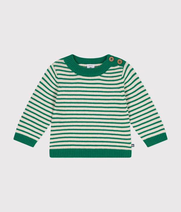 Babies' jumper in a wool and cotton knit green/ecru