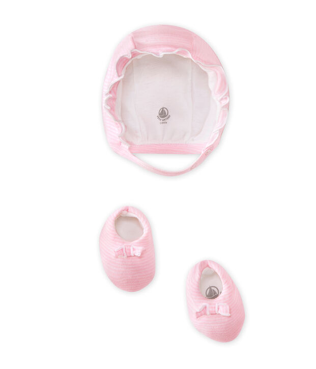Baby girls' bonnet and booties set pink/white