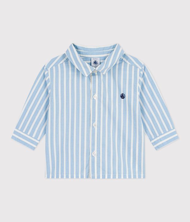 Babies' long-sleeved stripy cotton shirt blue/white
