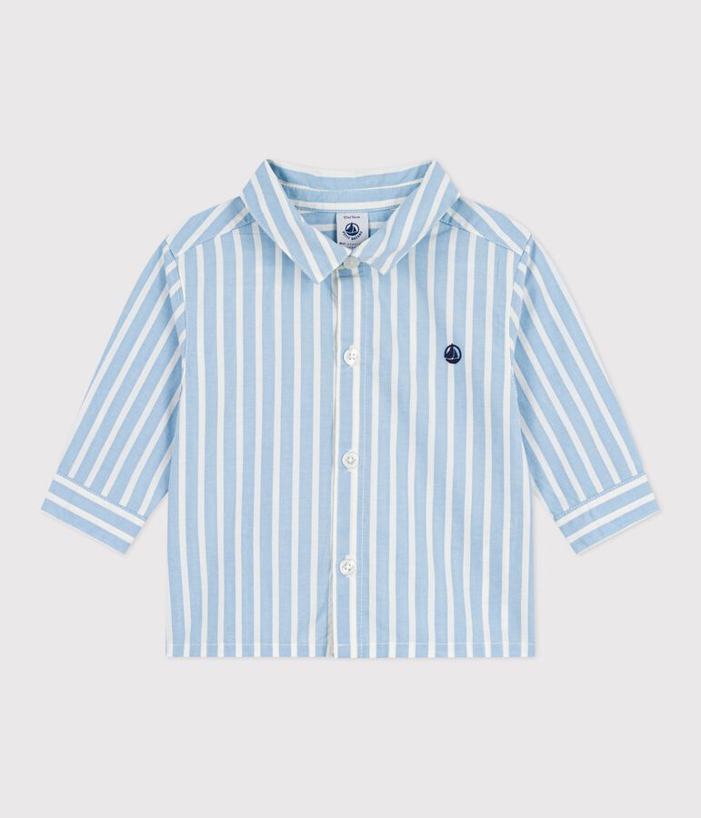 Babies' long-sleeved stripy cotton shirt blue/white