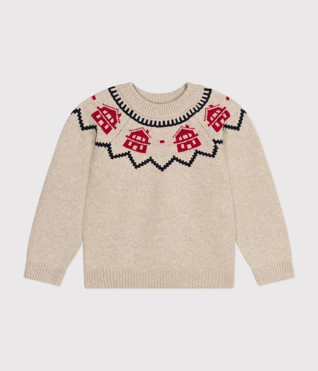 Unisex wool and cotton jacquard knit pullover beige/multicolor