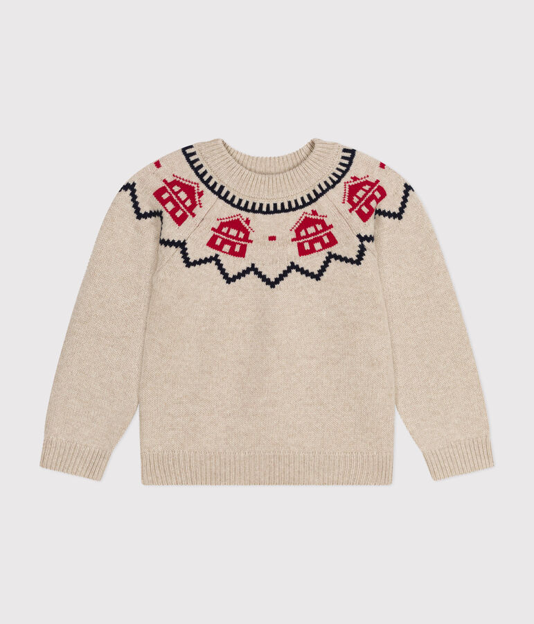 Unisex wool and cotton jacquard knit pullover beige/multicolor