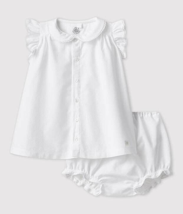 Baby Girls' Short-Sleeved Organic Cotton Poplin Dress with Bloomers white