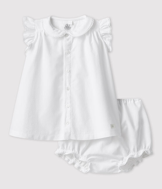 Baby Girls' Short-Sleeved Organic Cotton Poplin Dress with Bloomers ECUME white