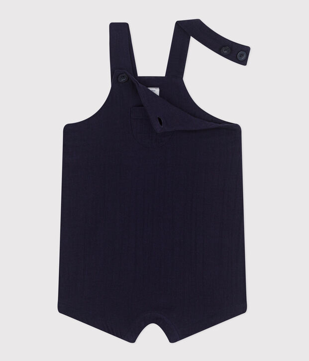 Babies' short-legged plain cotton gauze dungarees blue