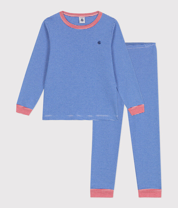 Children's long-sleeved stripy cotton pyjamas blue/white
